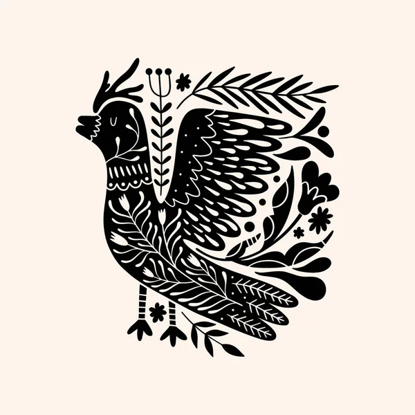 Graziosa arte degli uccelli scandinavi. Folk rurale stile fiabesco rustico, hygge e lagom design. Elementi decorativi scandi nordici. — Vettoriale Stock