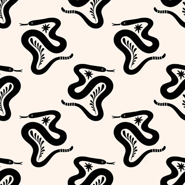 Boho snakes seamless pattern design, art print. Black minimalist graphic contour. — Stock Vector