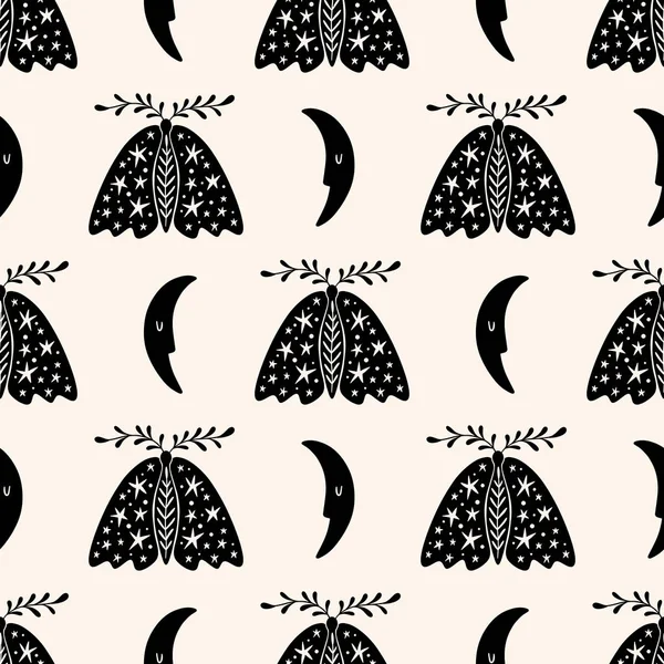 Night moon moth cute illustration art print, ornate butterfly, seamless pattern. — Stock Vector