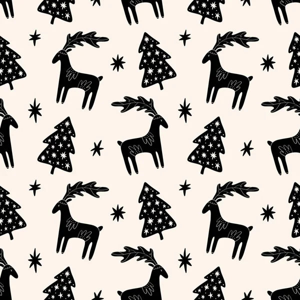 Christmas tree elm and deer simple scandi seamless pattern design. Graphic trees shapes, minimal Noel decor. — Stock Vector