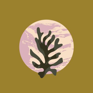 Soyut minimalist tasarım. Boho modern minimal duvar baskısı, modaya uygun düz stil. Broşür, poster ya da düzen, soyut şekiller, grunge desenli tropik palmiye yaprağı, fırça çizimi. Geometrik doğal