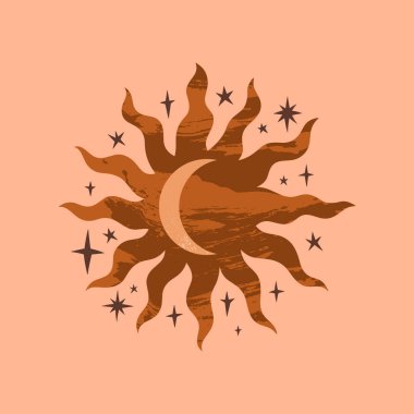 Ay ve güneş batıyor. Güneş ışığı ve ay ışığı modaya uygun klasik düz grunge tarzı. Mistik sembol, minimalist moda tarzı. Sihirli ruhani astrolojik ayinler görüntüsü.