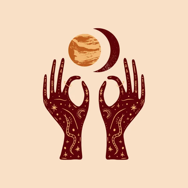 Les mains tiennent Vénus et le croissant de lune. Art de style Boho, symbole mystique, style tendance minimaliste. Illustration magique, spirituelle, image de contenu astrologie. — Image vectorielle