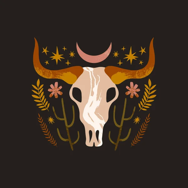 Toro Boho calavera impresión de arte. Un conjunto de elementos esotéricos místicos. Hierbas y hueso de vaca, luna y decoración floral. Dibujo bohemio salvaje oeste. — Vector de stock