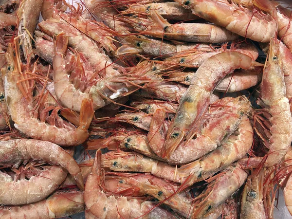 Seafood - Fresh shrimps or crewns on a market stall — стоковое фото