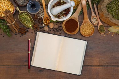 Açık kitapçıkta metin için alanı olan baharatlar ve otlar pişiriliyor.