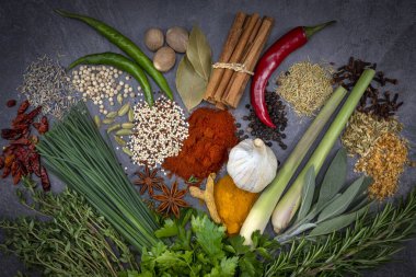 Gri bir arkaplanda bitkiler ve baharatlar.
