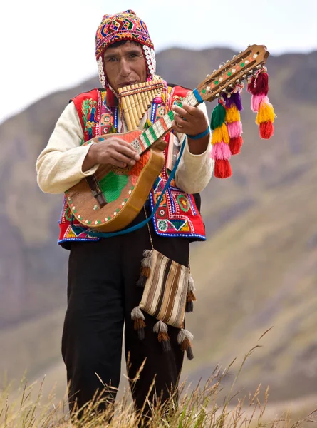 ペルー ペルー人男性がパンパイプとバンジョーを演奏 南米ペルーのインカの谷 — ストック写真