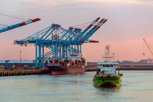 Zeebrugge. Belgium. 09.13.16. Port of Zeebrugge in Belgium. The port is a large container, bulk cargo, new vehicle and passenger ferry terminal handling over 50 million tonnes of cargo annually.