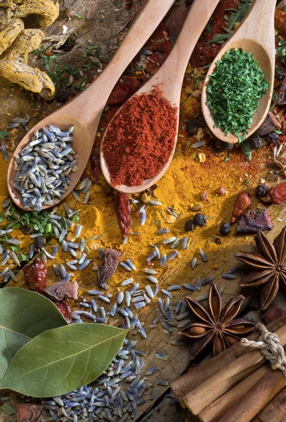 Herbs Spices Rustic Farmhouse Table Used Add Flavor Seasoning Food — Stock Photo, Image