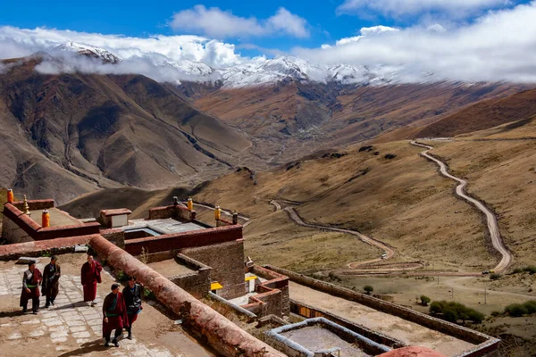 Vue Sur Vallée Les Montagnes Himalaya Depuis Monastère Ganden Sommet — Photo