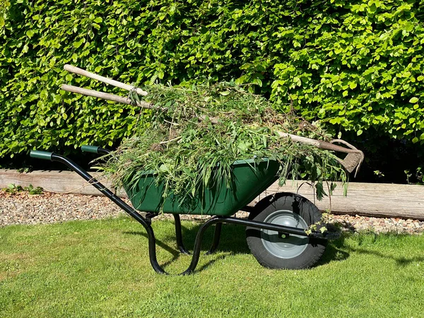 Gardening Wheelbarrow Full Weeds Compost Heap — Stock Photo, Image