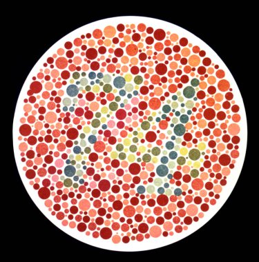 Test for Color Blindness - An Ishihara color test plate. With properly configured computer displays, people with normal vision should see the number 74. People with red-green color blindness will read it as 21.