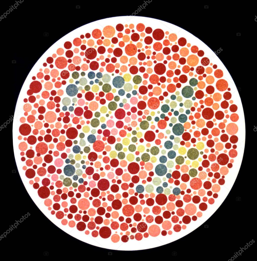 Test for Color Blindness - An Ishihara color test plate. With properly configured computer displays, people with normal vision should see the number 74. People with red-green color blindness will read it as 21.