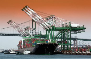 Transport - a large container ship being unloaded in the Port of Long Beach, California, USA.