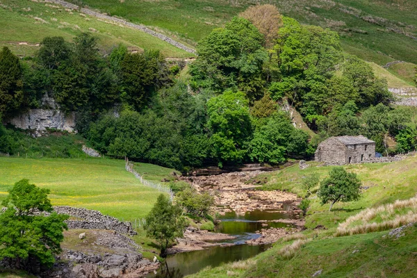 Granero Piedra Tradicional Valle Cerca Río Yorkshire Dales Noreste Inglaterra — Foto de Stock