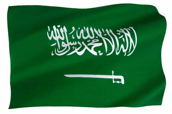 사우디아라비아의 국기이다 교서는 샤하다 모슬렘 신조입니다 신외에는 신이없다 무함마드는 알라의 — 스톡 사진