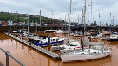 İngiltere 'nin kuzeybatı kıyısındaki Whitehaven' daki Queens rıhtımındaki kahverengi su, Bransty demiryolu tünelinden denize dökülen demir kireçlenmesinden kaynaklanıyor..