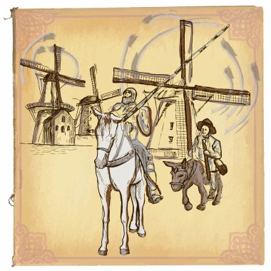Don Quijote (Don Kişot) - bir el çizilmiş vektör kroki, freehand, c