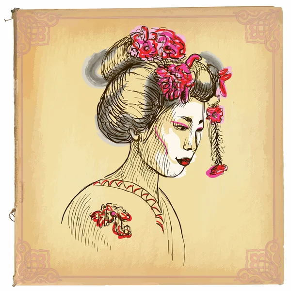 Geisha - An hand drawn vector sketch, freehand, colored line art — Stock Vector