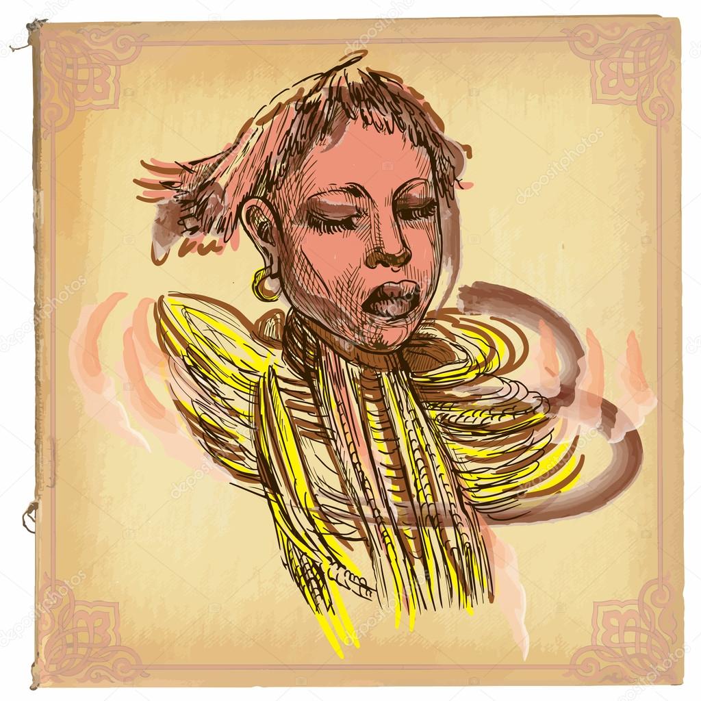 Un illustrazione vettoriale disegnato a mano colorate linea arte Donna africana Schizzo a mano libera di una bellezza africana Disegni a mano sono