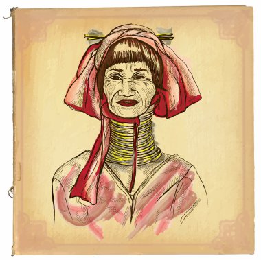 Tayland kadın - El çizilmiş vektör kroki, renkli çizgi sanat
