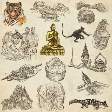 Laos. Hayat resimleri. Eski kağıt üzerinde renkli freehands.