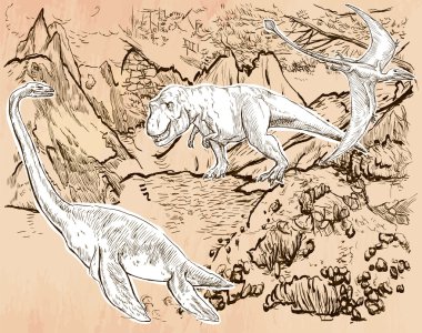 Dino, dinozorların - bir el çizilmiş vektör. Hat sanatı.