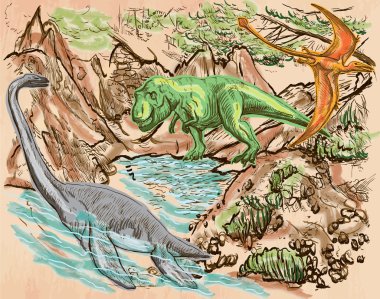 Dino, dinozorların - bir el çizilmiş vektör. Hat sanatı.