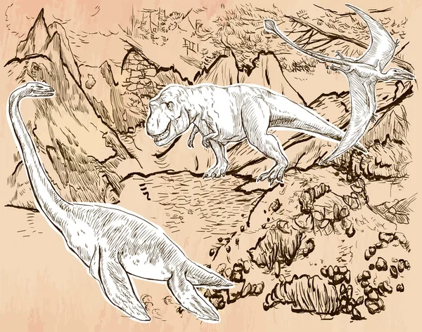 Дино, динозавры - вектор, нарисованный вручную. Линейное искусство . — стоковый вектор