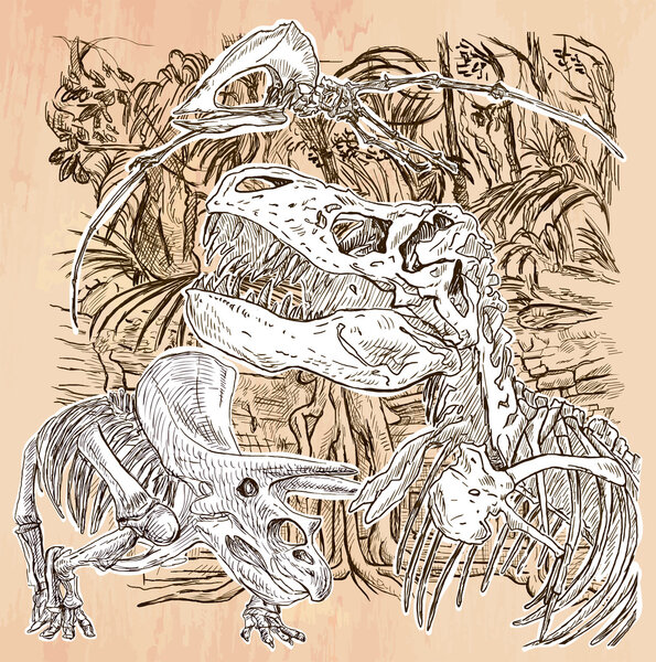 Дино, динозавры - вектор, нарисованный вручную. Линейное искусство
.