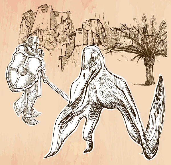 Cavaleiro e Pterossauro (Dragão) - Arte de linha, vetor desenhado à mão . — Vetor de Stock