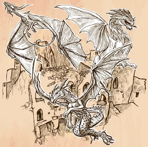 Dragons - Un vecteur dessiné à la main. Art linéaire . — Image vectorielle