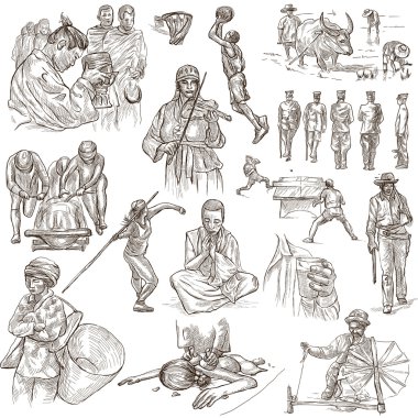 Bir grup insan. Freehands, elle çizilmiş koleksiyonu. Hat sanatı.