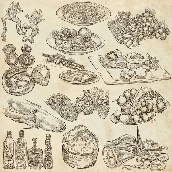 Essen. Freihändig, handgezeichnete Sammlung. Linienkunst. — Stockfoto