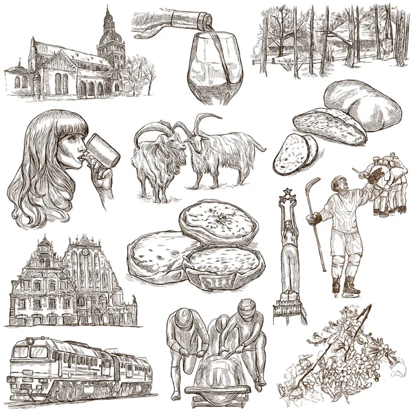 Latvia. Freehand. Hand drawn collection. Line art pack. — Stock Photo, Image