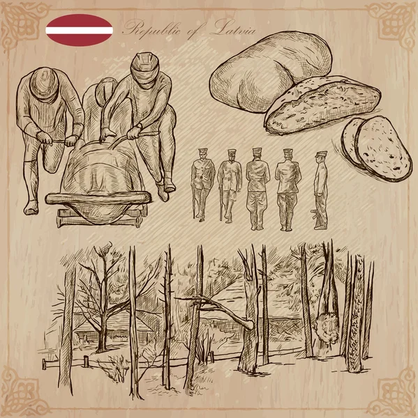Letonia. Vectores a mano alzada. Colección dibujada a mano. Línea de arte . — Archivo Imágenes Vectoriales