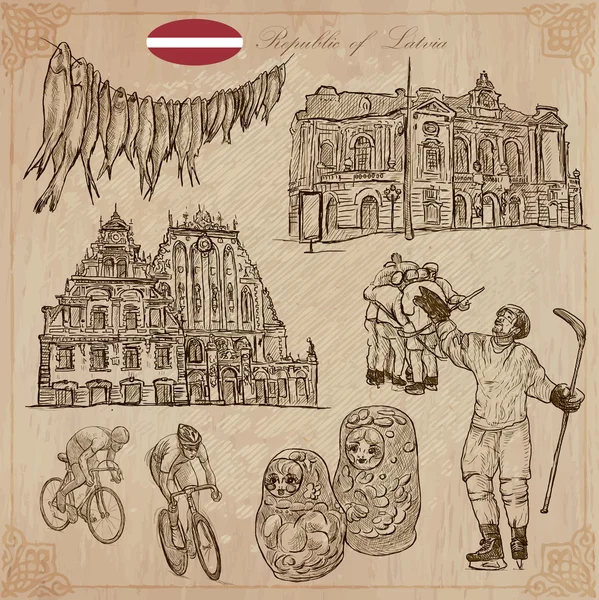 Latvia. Vektor tangan bebas. Koleksi gambar tangan. Seni garis  . Grafik Vektor