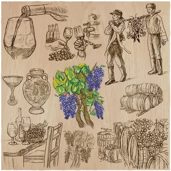 ヴィンテージのワインの収穫の手描きの背景の設定. — ストックベクタ