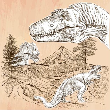Dinozorlar - Bir el çizilmiş vektör. Çizgi sanatı.