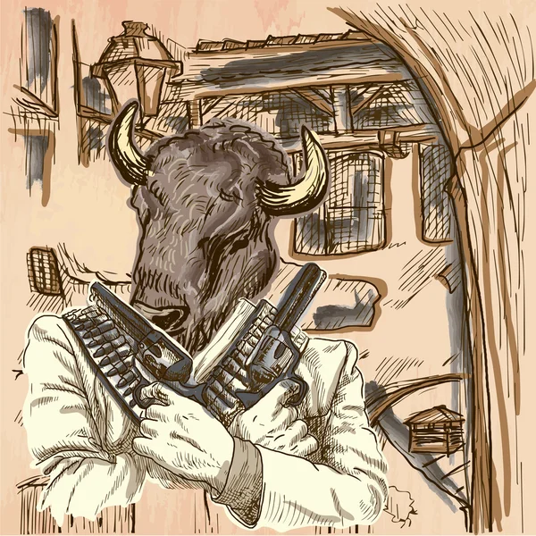 O Gunman. Bison - Um vetor desenhado à mão. Linha de arte . —  Vetores de Stock