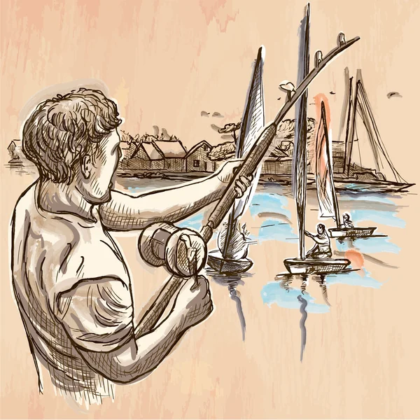 釣り、漁師 - 手描きベクトル。ラインアート. — ストックベクタ