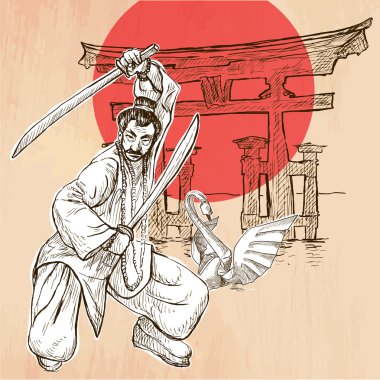 Japonya. Bir Savaşçı, Şinto, Kuğu. Elle çizilmiş vektör resmi. L