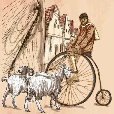 Velocipede - bisikletçi. Elle çizilmiş vektör resmi. Çizgi sanatı i
