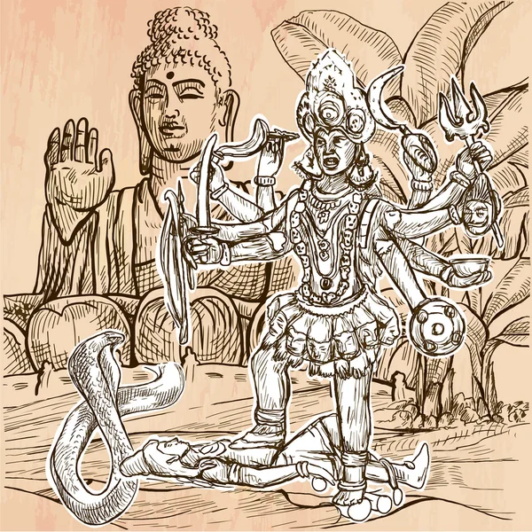 Kali. Meu Deus. Uma imagem vetorial desenhada à mão. Ilustração de arte de linha . — Vetor de Stock