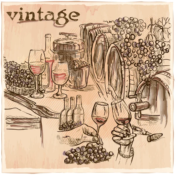 Vintage. Wine Cellar. An hand drawn vector picture. Line art ill — Stock Vector