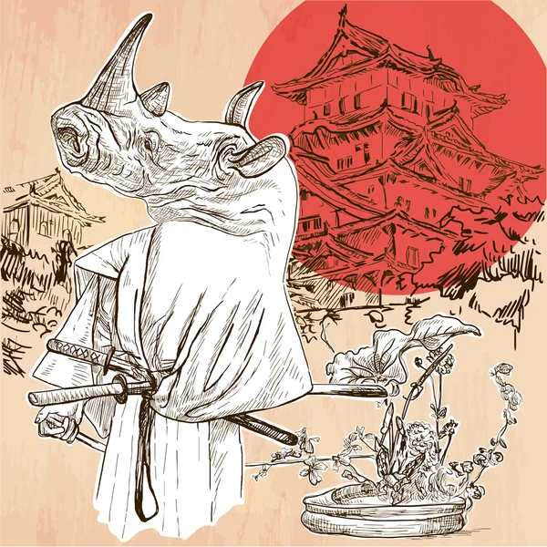 Japón. Rino samurai. Una imagen vectorial dibujada a mano. Línea de arte enfermo — Vector de stock