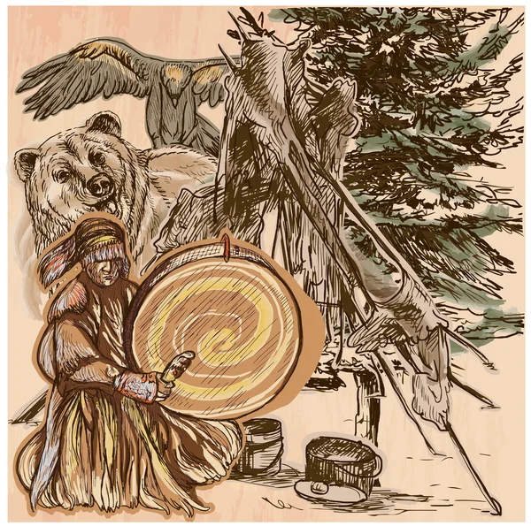 Shaman, bear and eagle. An hand drawn vector picture. Line art i Royalty Free Stock Vectors