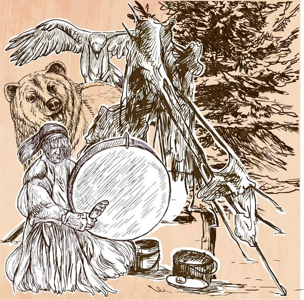 Shaman, bear and eagle. An hand drawn vector picture. Line art i