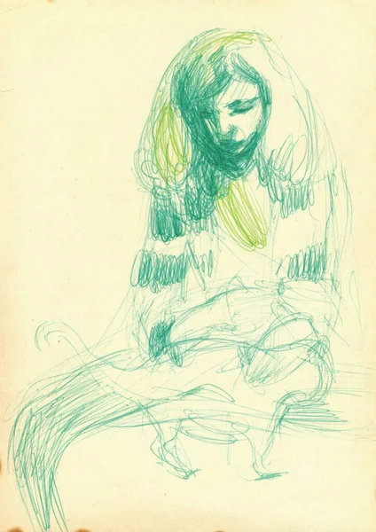 Ritratto Ragazza Disegno Penna Carta — Foto Stock